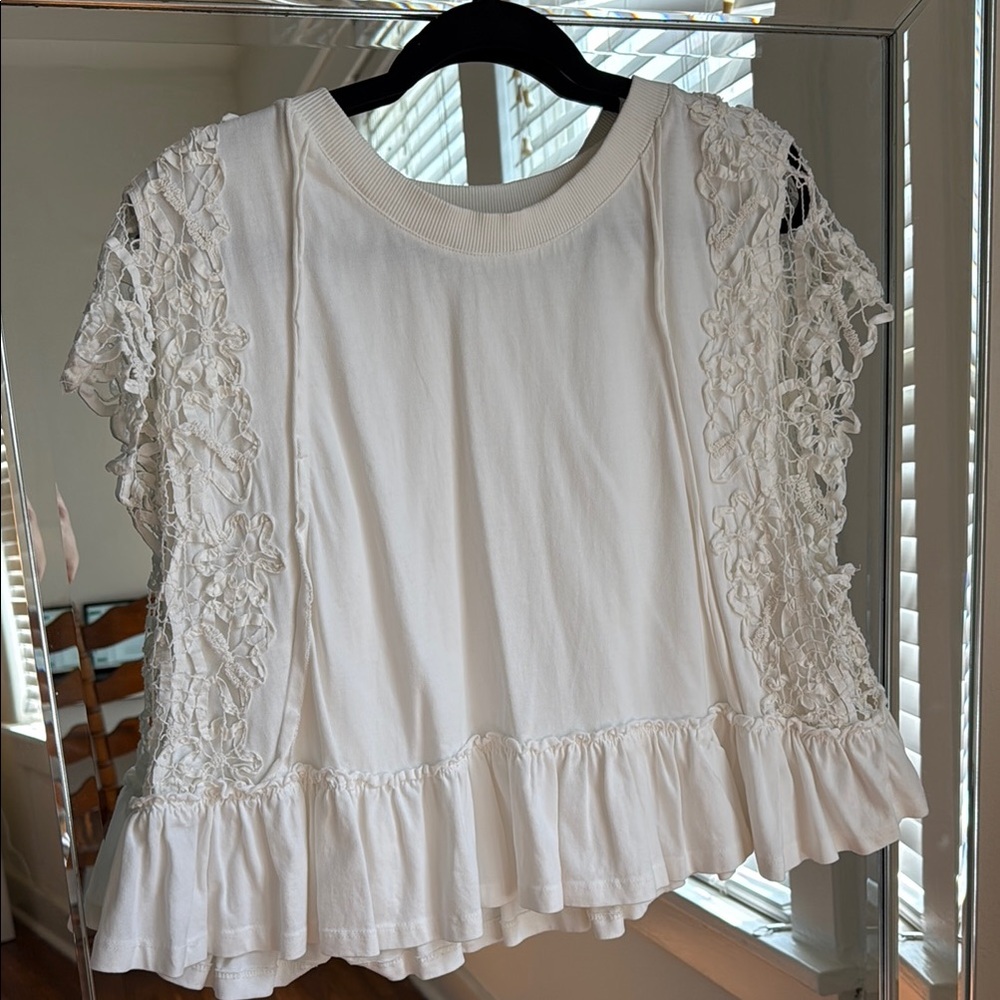 Anthropologie White Lace Trim Top
